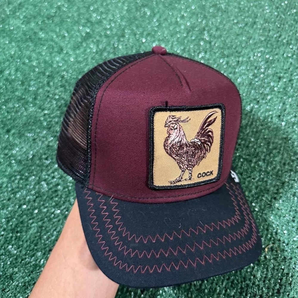 Goorin Bros The Farm Trucker Hat Burgundy Black Rooster Patch Snapback